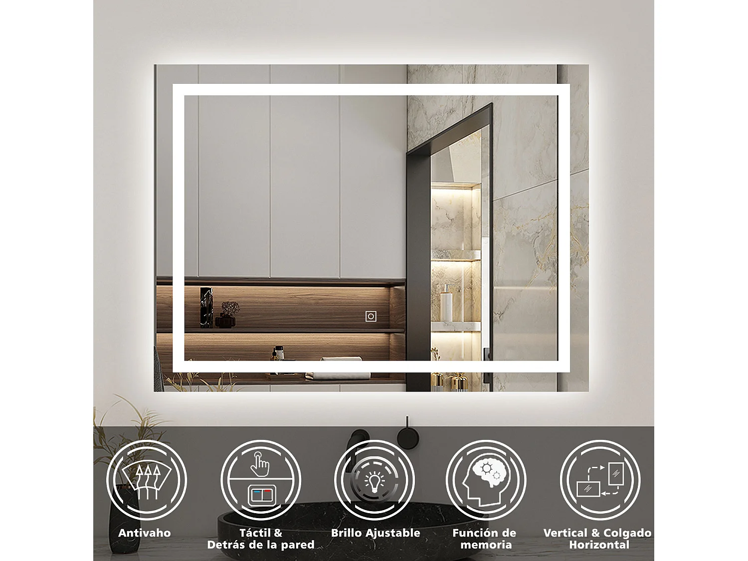 Espejo de baño con Led,80 x 60 cm, luz blanca, rectangular, Con función antivaho, memoria agapada, brillo ajustable.