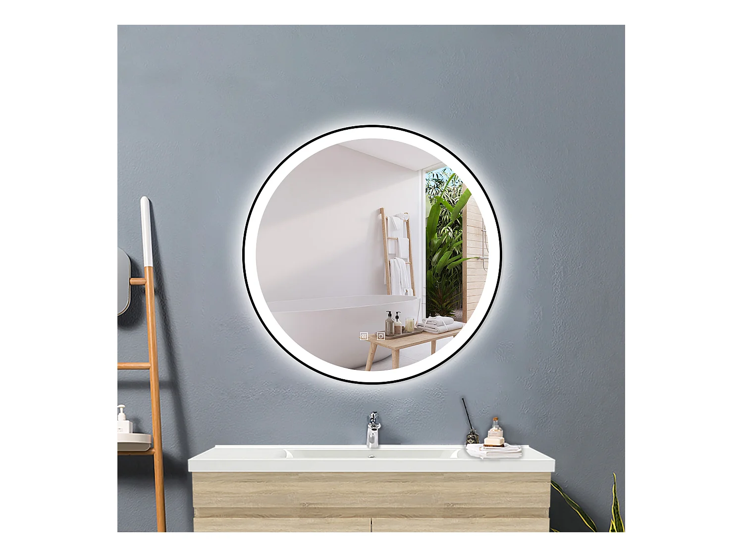 Espejo de baño con Led,70 x 70 cm, Luz led con tres colores,Con función antivaho, bluetooth , reloj digital.Marco negro, diseño contemporáneo.