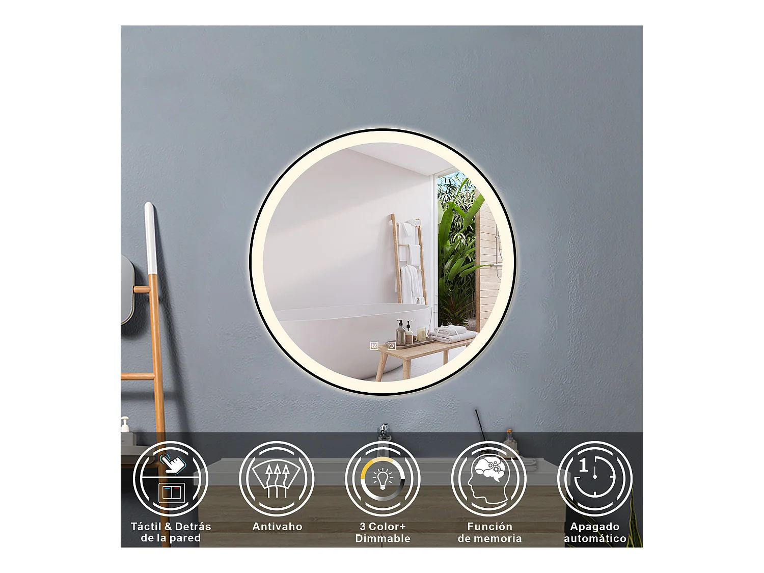 Espejo de baño con Led,70 x 70 cm, Luz led con tres colores,Con función antivaho, bluetooth , reloj digital.Marco negro, diseño contemporáneo.