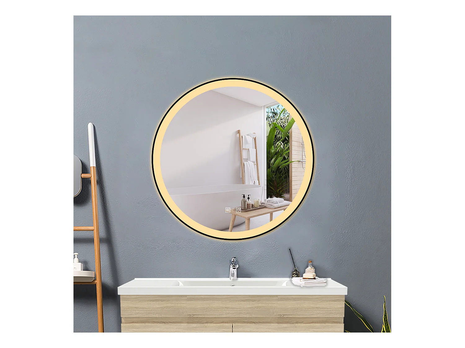 Espejo de baño con Led,70 x 70 cm, Luz led con tres colores,Con función antivaho, bluetooth , reloj digital.Marco negro, diseño contemporáneo.