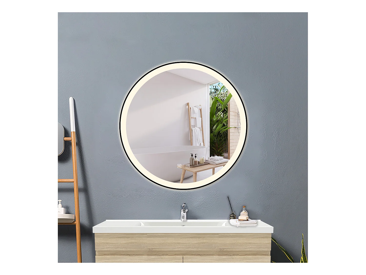 Espejo de baño con Led,70 x 70 cm, Luz led con tres colores,Con función antivaho, bluetooth , reloj digital.Marco negro, diseño contemporáneo.