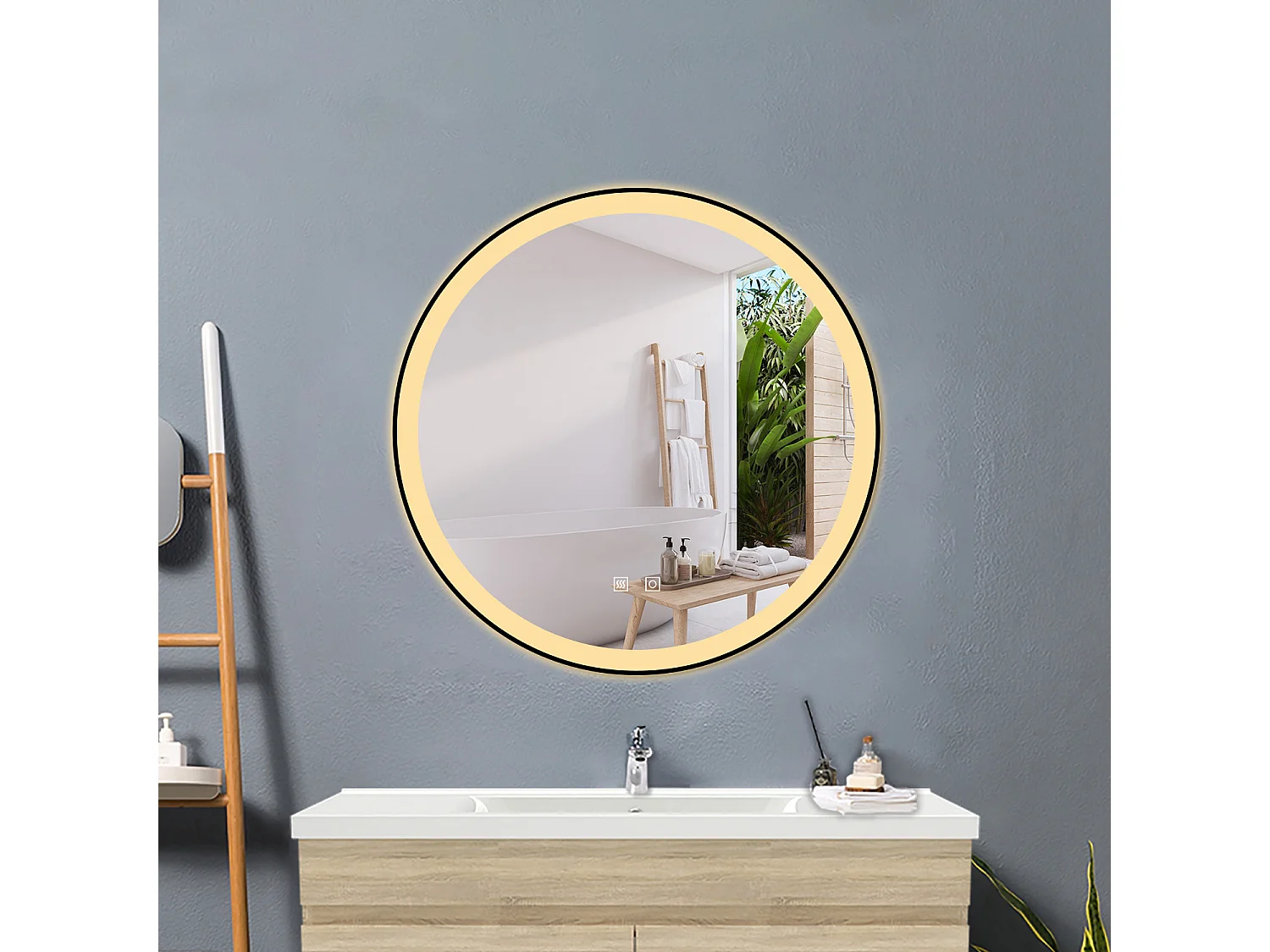 Espejo de baño con Led,70 x 70 cm, Luz led con tres colores,Con función antivaho, bluetooth , reloj digital.Marco negro, diseño contemporáneo.