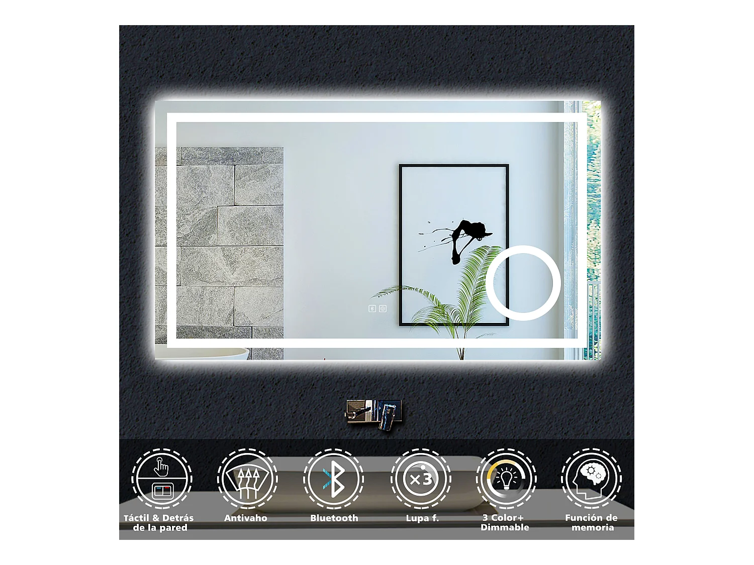 Espejo de baño con Led,120 x 70 cm, Luz led con tres colores,Con función antivaho, bluetooth y Lupa de aumento 3x.