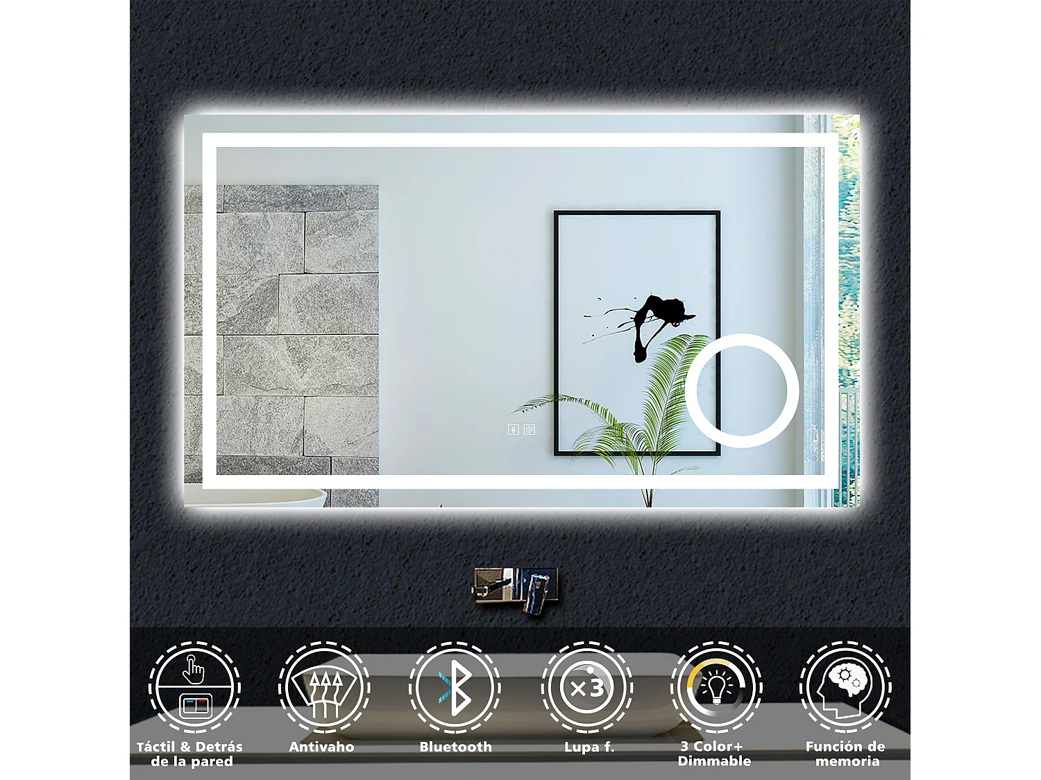 Espejo de baño con Led,120 x 70 cm, Luz led con tres colores,Con función antivaho, bluetooth y Lupa de aumento 3x.