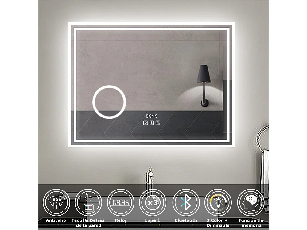 Espejo de baño con Led,80 x 60 cm, Luz led con tres colores,Con función antivaho,reloj digital, bluetooth y Lupa de aumento 3x.