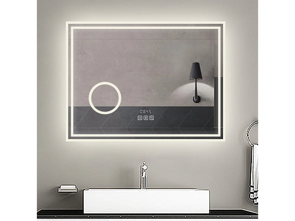 Espejo de baño con Led,80 x 60 cm, Luz led con tres colores,Con función antivaho,reloj digital, bluetooth y Lupa de aumento 3x.
