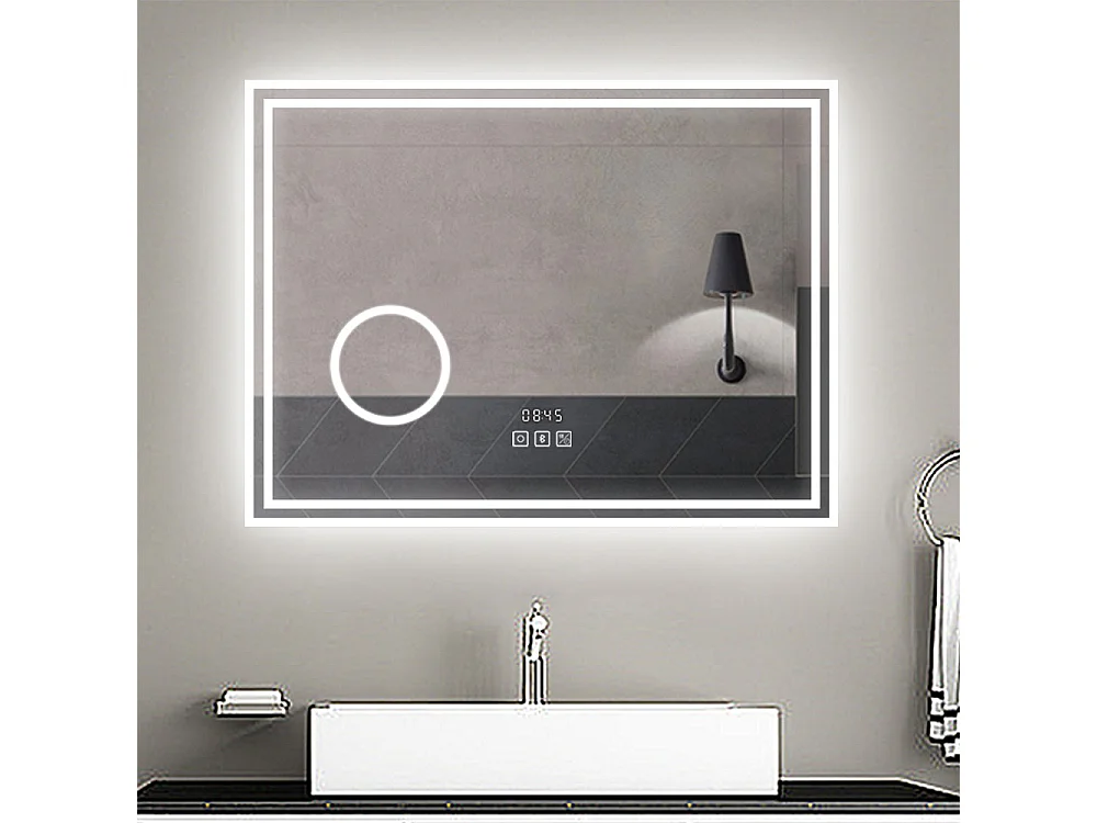 Espejo de baño con Led,80 x 60 cm, Luz led con tres colores,Con función antivaho,reloj digital, bluetooth y Lupa de aumento 3x.