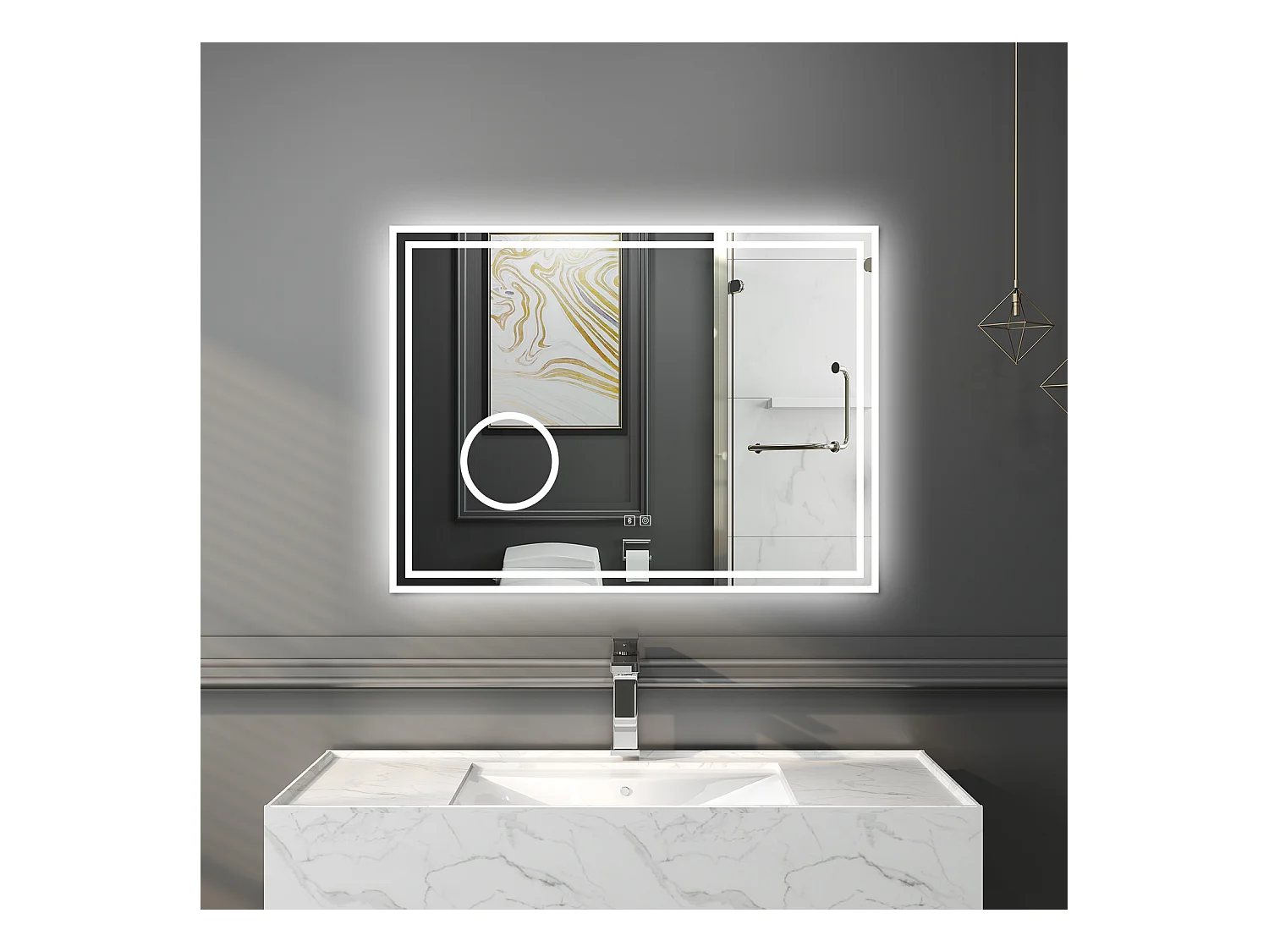 Espejo de baño con Led,80 x 60 cm, Luz led con tres colores,Con función antivaho, bluetooth y Lupa de aumento 3x.