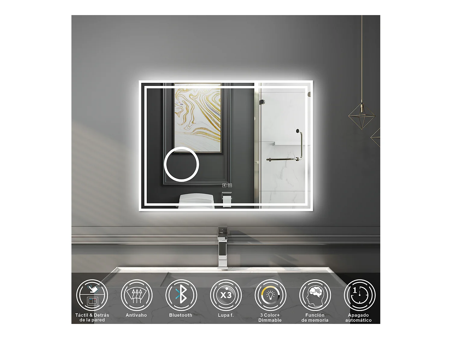 Espejo de baño con Led,80 x 60 cm, Luz led con tres colores,Con función antivaho, bluetooth y Lupa de aumento 3x.
