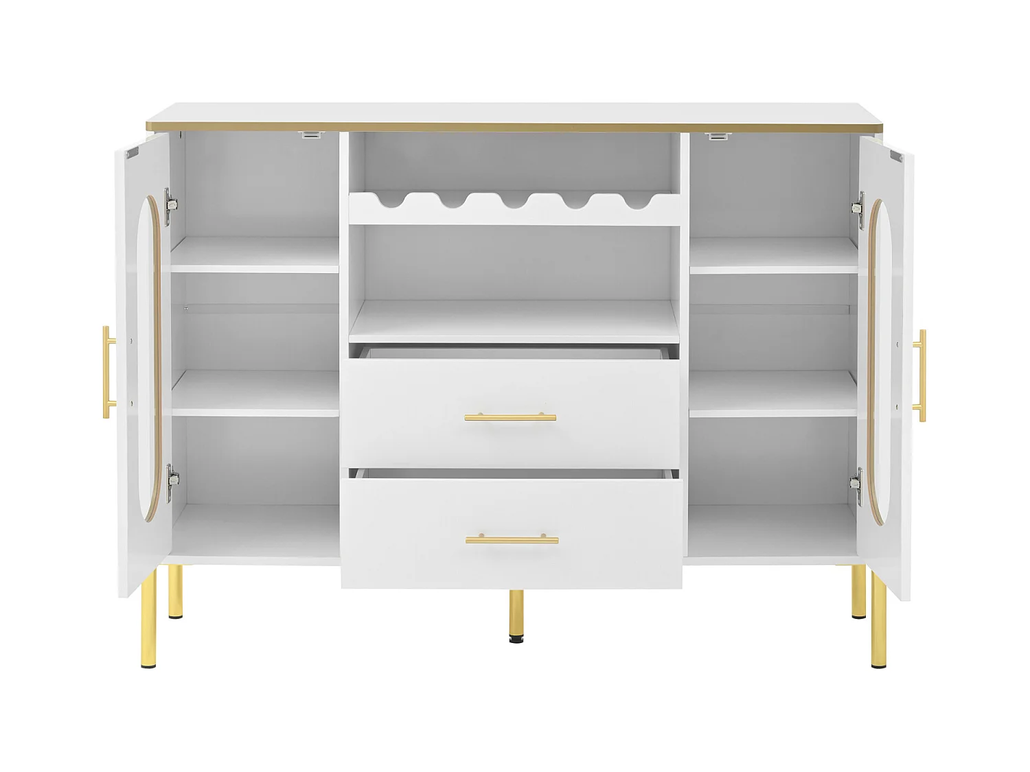 Aparador con frentes de cristal - 120 x 38 x 90 cm - con 2 cajones - Patas regulables - MDF - blanco