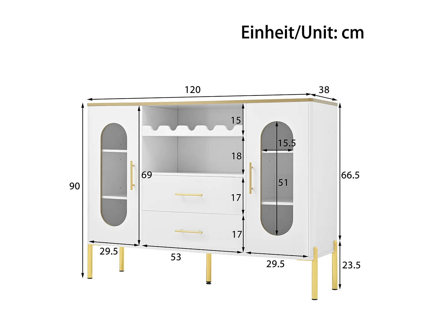 Buffet avec façades vitrées - 120 x38 x 90 cm - avec 2 tiroirs - Pieds réglables - MDF - blanc
