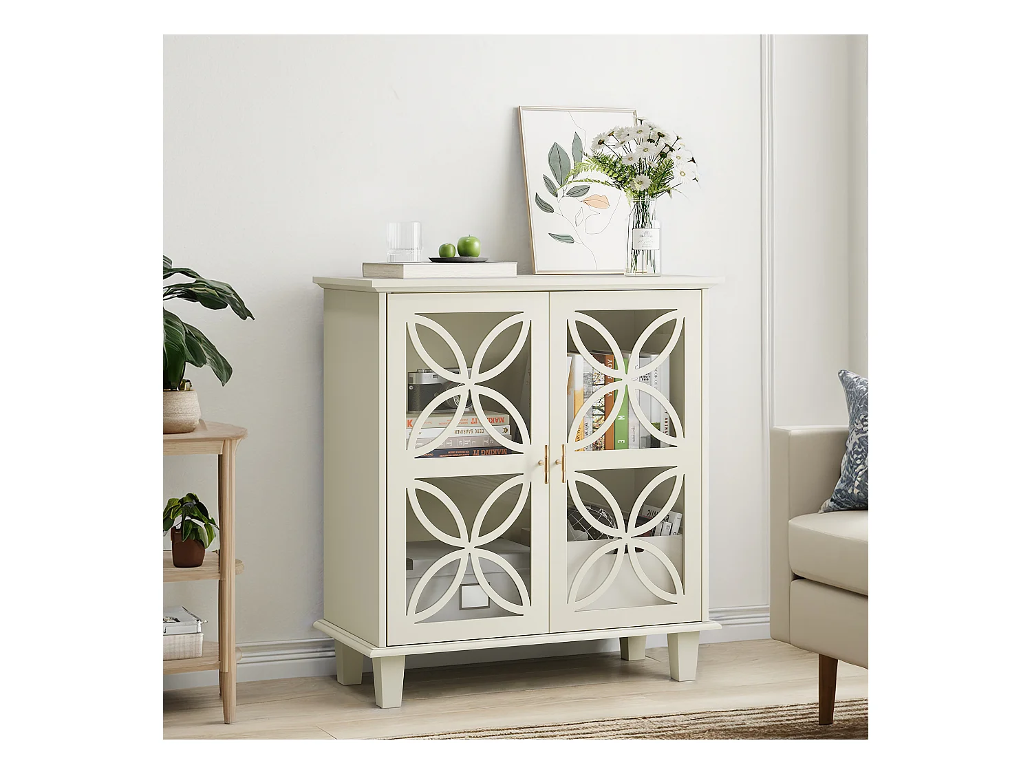 Buffet avec étagères réglables - Console de cuisine moderne rétro - avec deux portes - Crème