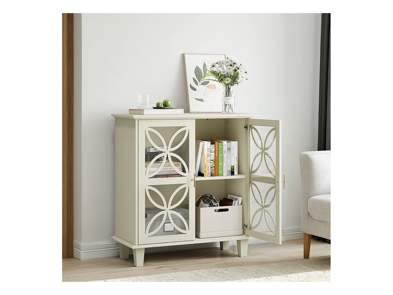 Buffet avec étagères réglables - Console de cuisine moderne rétro - avec deux portes - Crème