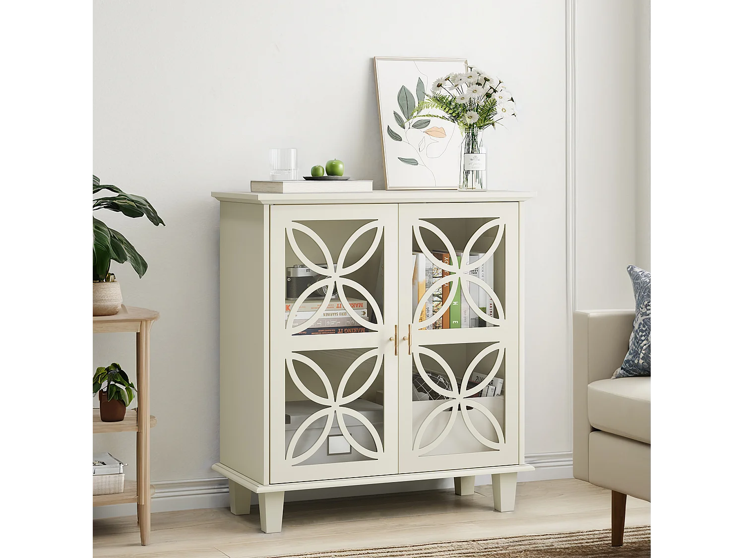 Buffet avec étagères réglables - Console de cuisine moderne rétro - avec deux portes - Crème