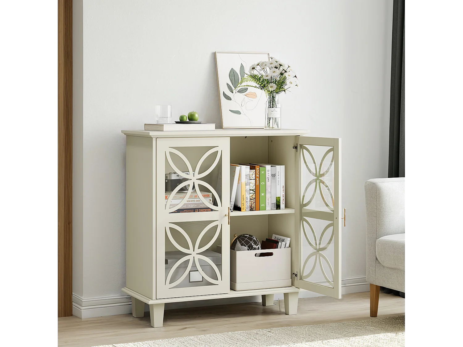 Buffet avec étagères réglables - Console de cuisine moderne rétro - avec deux portes - Crème