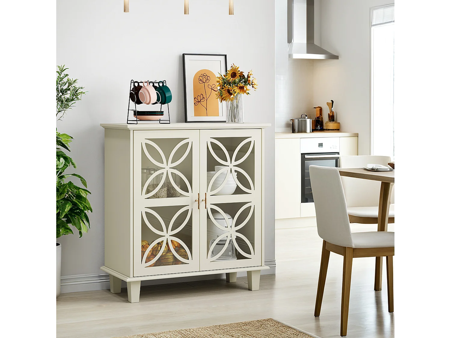 Buffet avec étagères réglables - Console de cuisine moderne rétro - avec deux portes - Crème