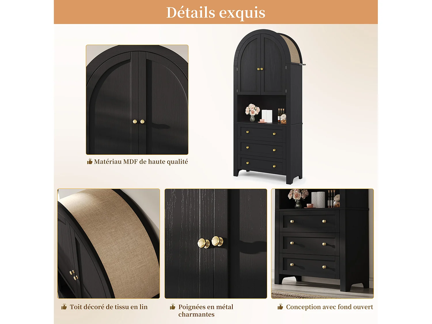 Aparador alto de almacenaje - 70 x 35 x 180 cm - arqueado con 3 cajones y 2 puertas - MDF - Negro