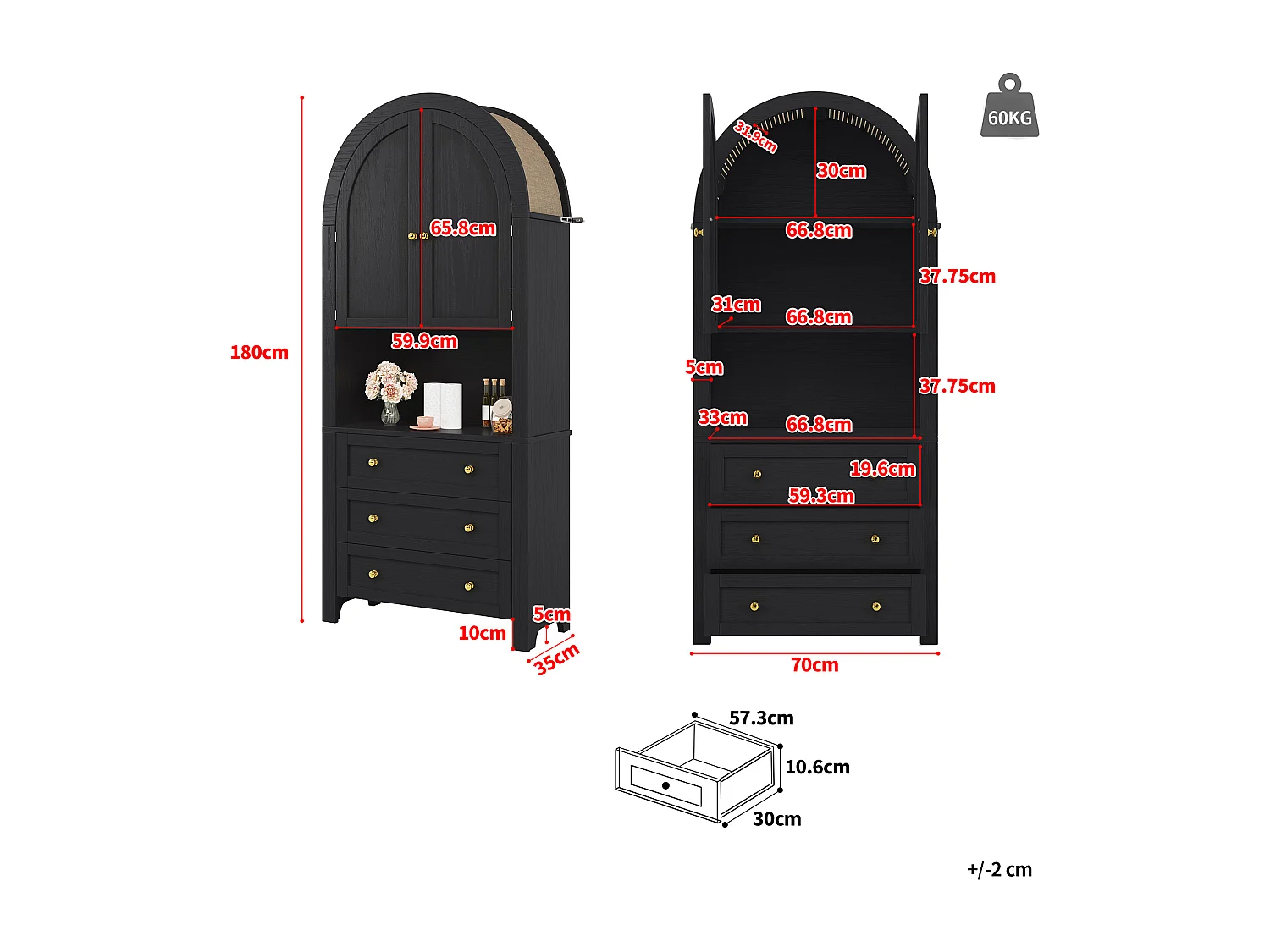 Buffet haute de rangement - 70 x 35 x 180 cm - en arc avec 3 tiroirs et 2 portes - MDF - Noir