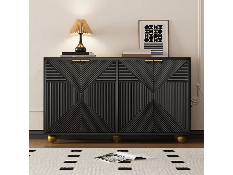 Aparador moderno, mueble de salón con 4 puertas talladas y estantes ajustables, color negro