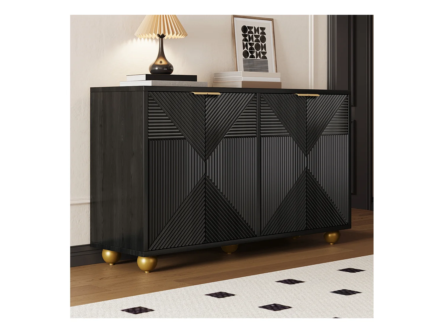 Aparador moderno, mueble de salón con 4 puertas talladas y estantes ajustables, color negro