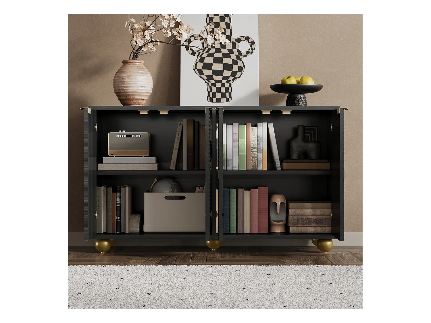 Aparador moderno, mueble de salón con 4 puertas talladas y estantes ajustables, color negro