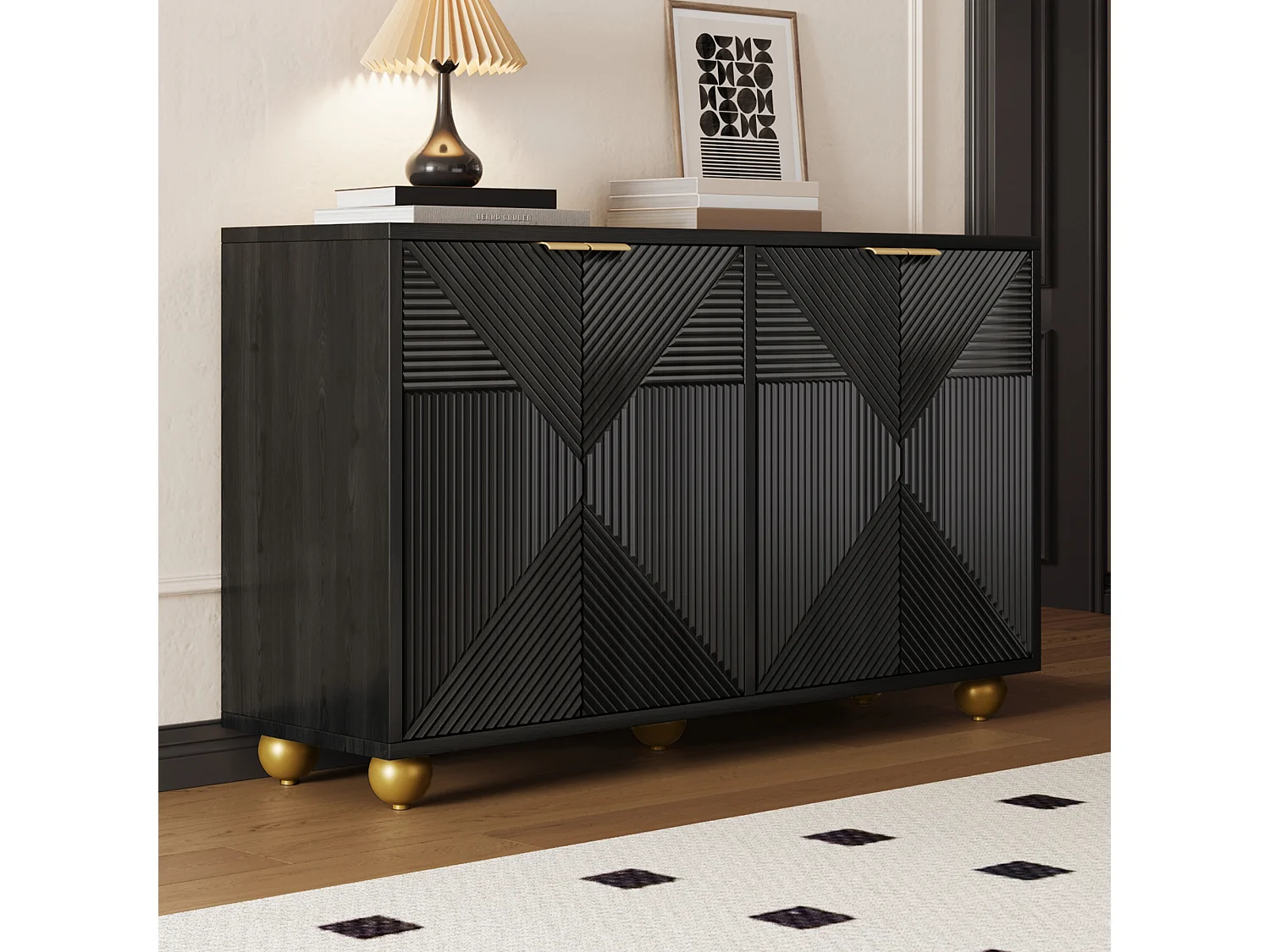 Buffet Moderne, Armoire de Salon avec 4 Portes Sculptées et Étagères Réglables, Noir