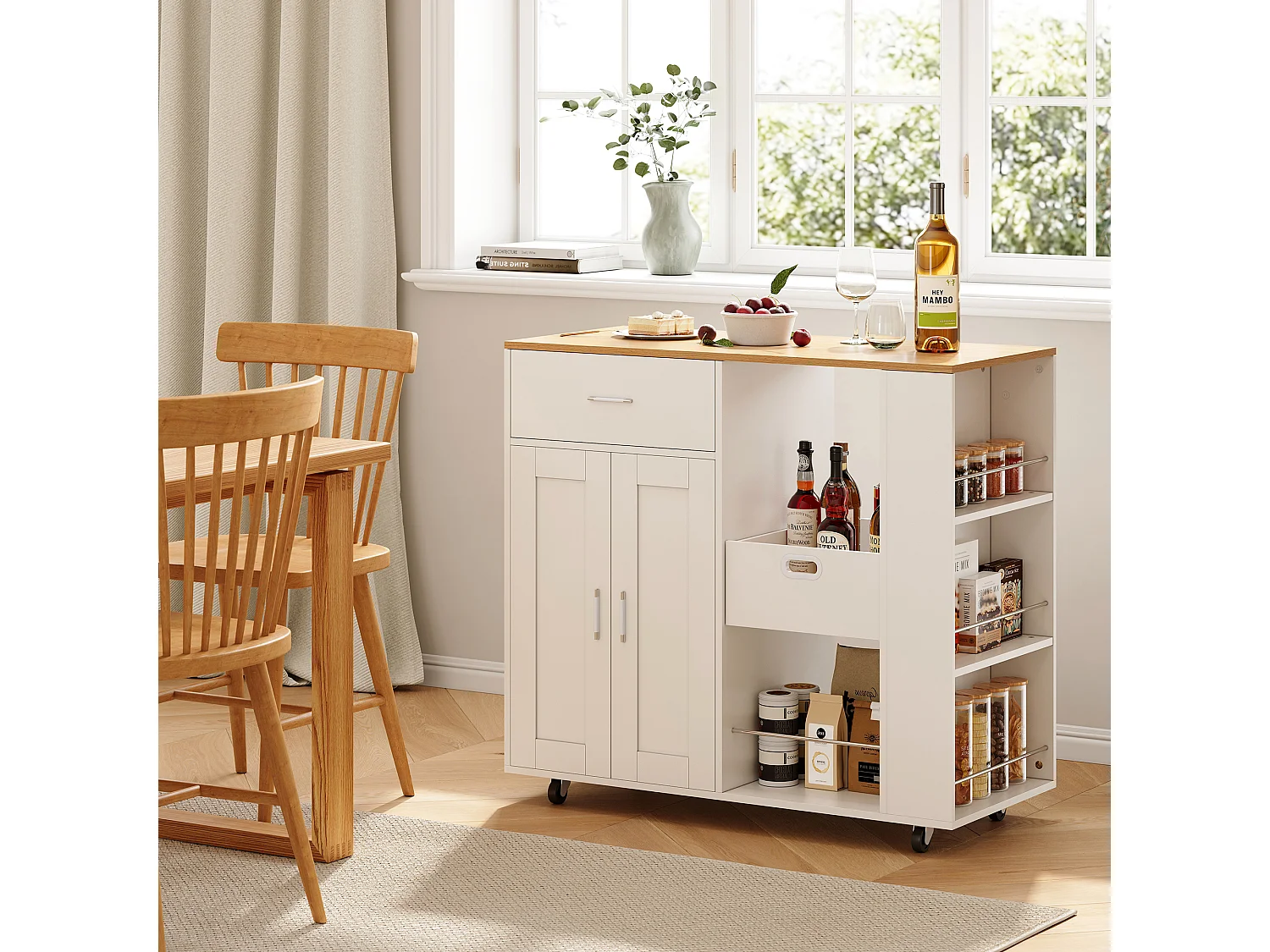 Carrito con ruedas para almacenamiento de cocina, especiero de 3 niveles, estante abierto, blanco