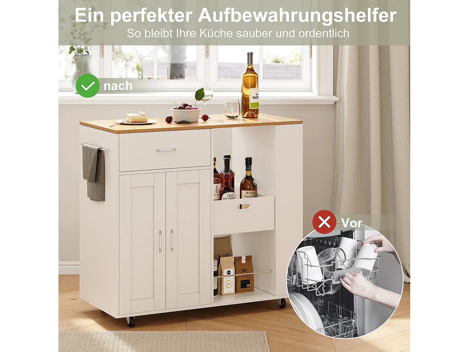 Carrito con ruedas para almacenamiento de cocina, especiero de 3 niveles, estante abierto, blanco