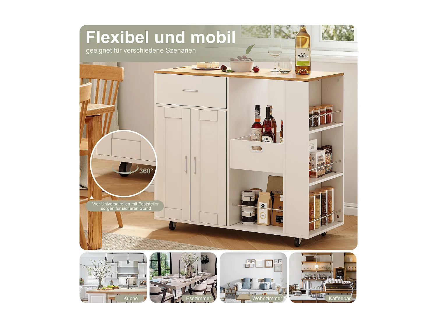 Carrito con ruedas para almacenamiento de cocina, especiero de 3 niveles, estante abierto, blanco