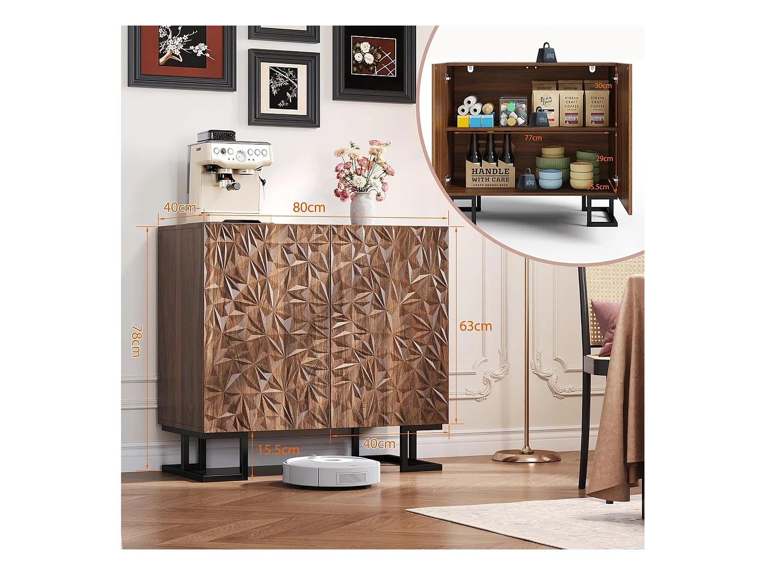 Buffet Commode 80 × 40 × 78 cm – Aspect noyer foncé avec renflement des feuilles – Portes push