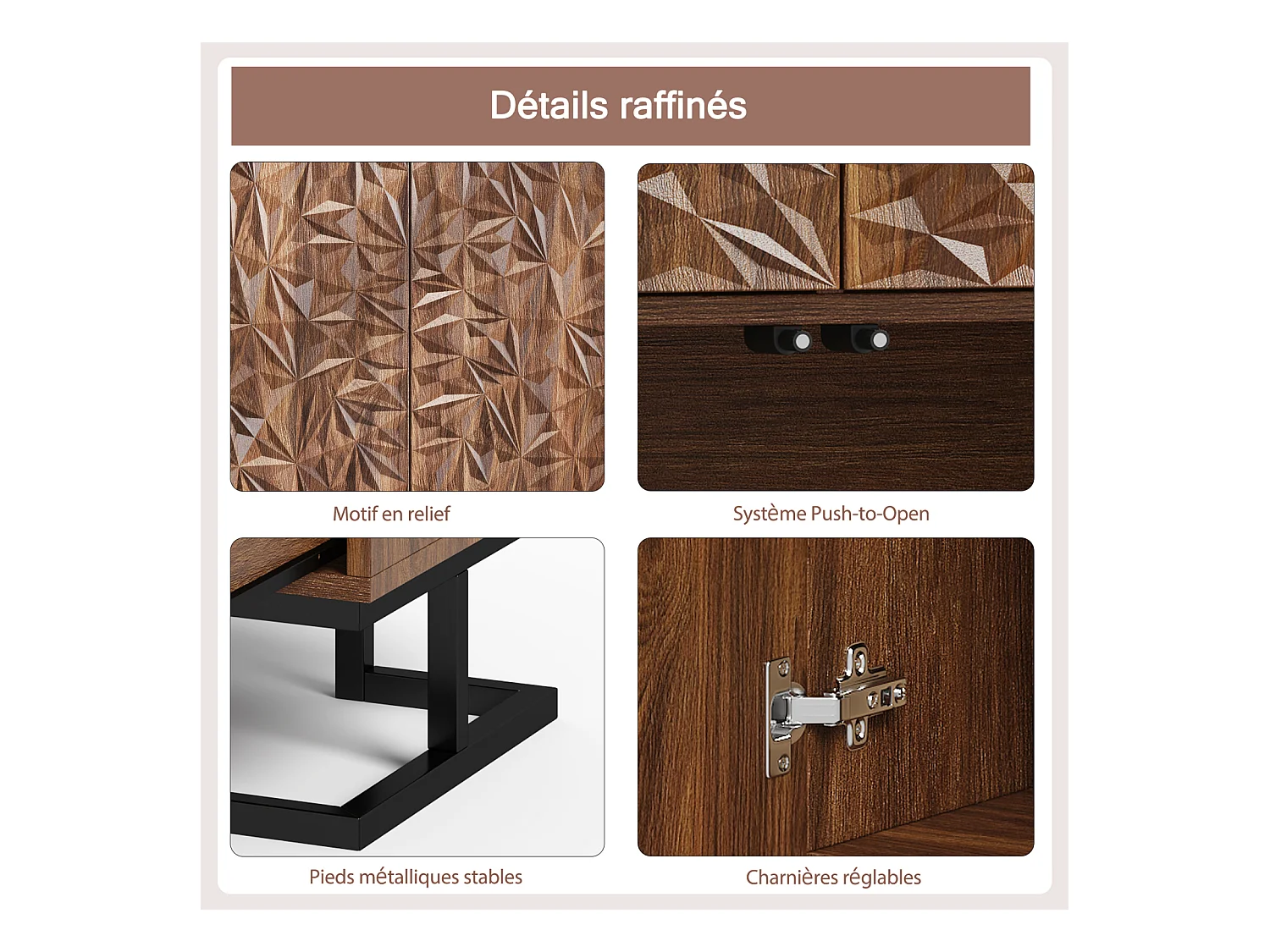 Buffet Commode 80 × 40 × 78 cm – Aspect noyer foncé avec renflement des feuilles – Portes push