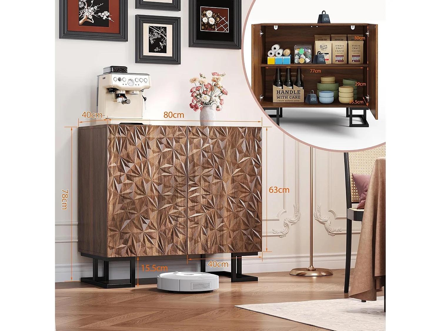 Dressoir Ladekast 80 × 40 × 78 cm – Donkere notenhouten look met bladuitstulpingen – Schuifdeuren