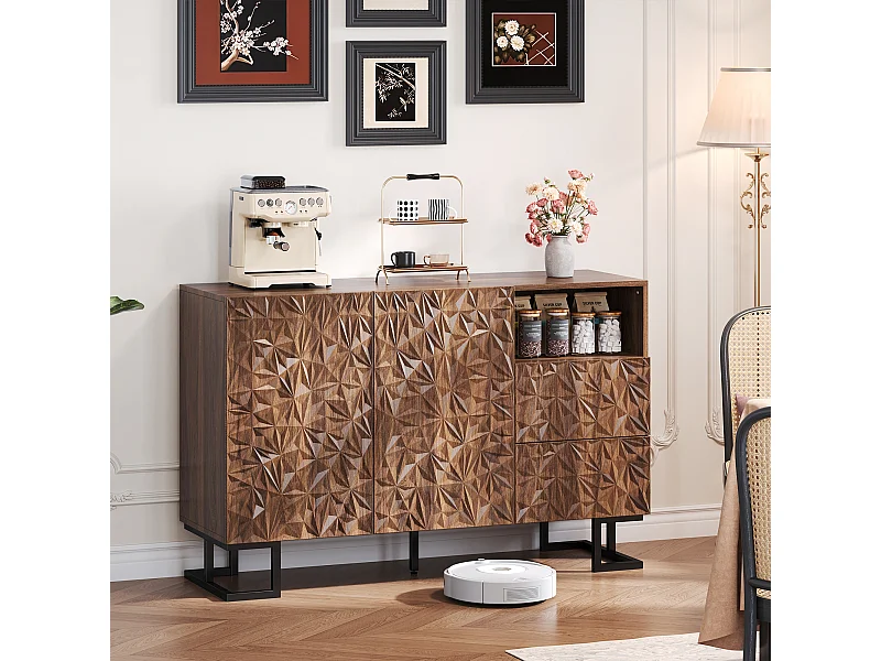 Buffet de Rangement avec 2 Tiroirs, 2 Portes et Pied Métal, Commode Décoration en Relief, pour Salon