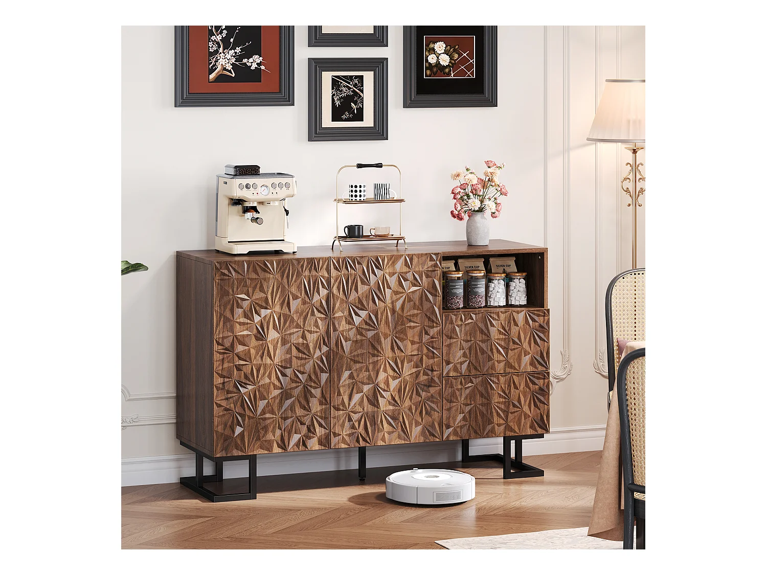 Buffet de Rangement avec 2 Tiroirs, 2 Portes et Pied Métal, Commode Décoration en Relief, pour Salon