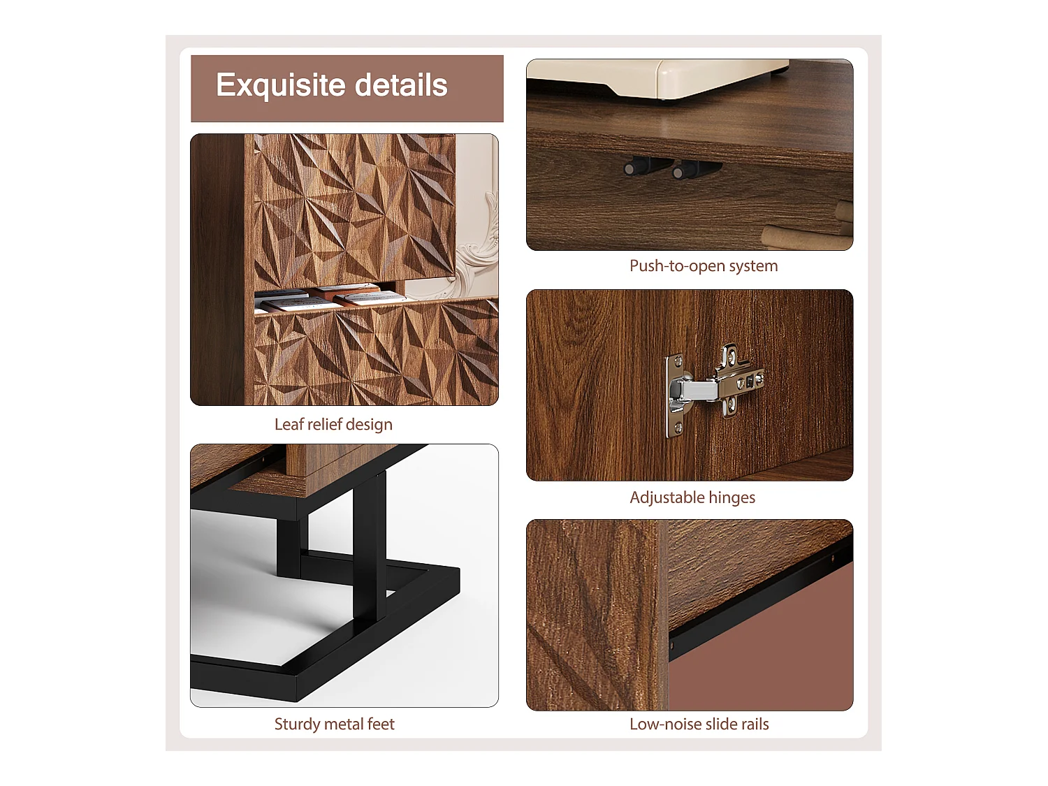 Buffet de Rangement avec 2 Tiroirs, 2 Portes et Pied Métal, Commode Décoration en Relief, pour Salon