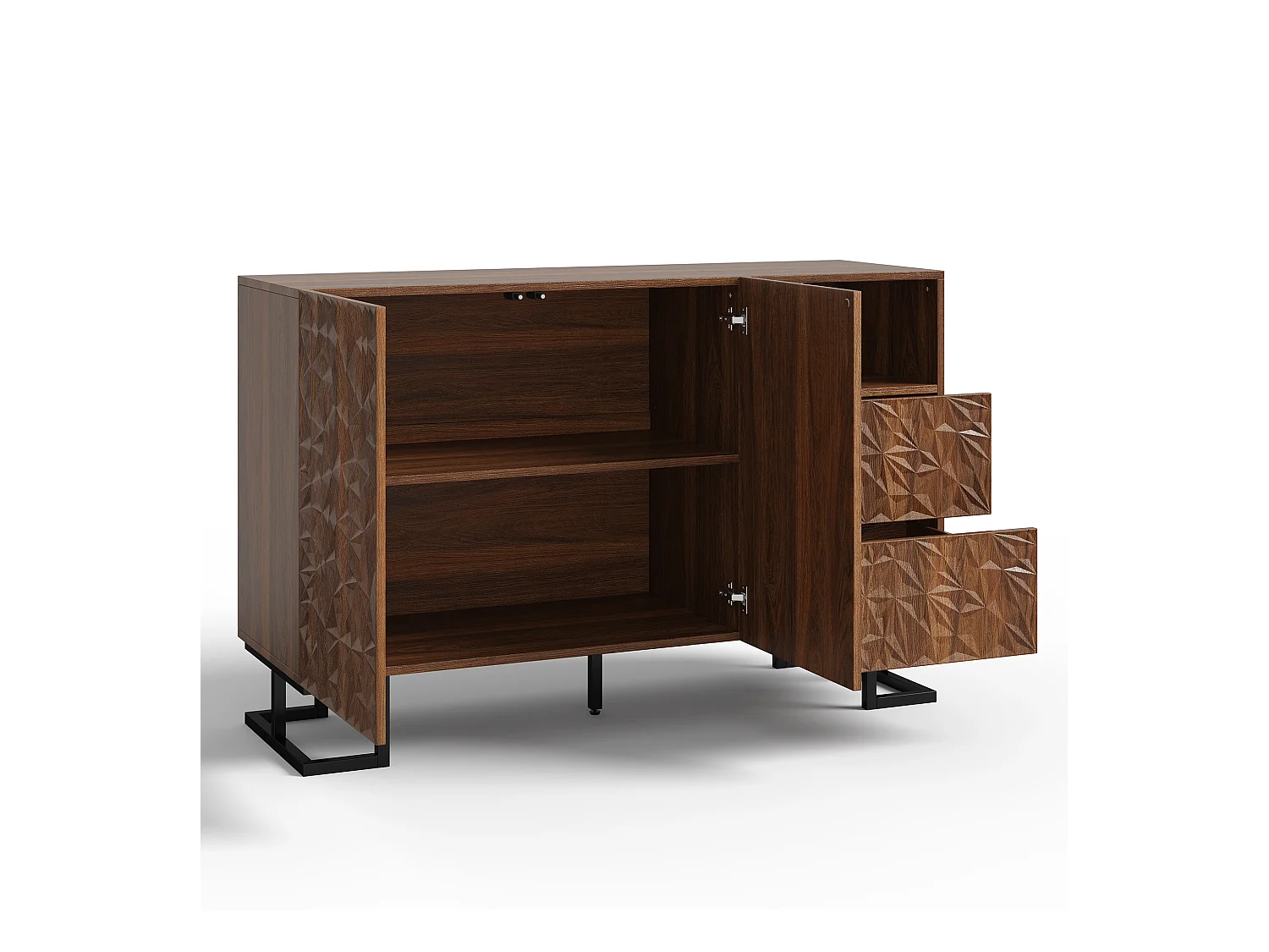 Buffet de Rangement avec 2 Tiroirs, 2 Portes et Pied Métal, Commode Décoration en Relief, pour Salon