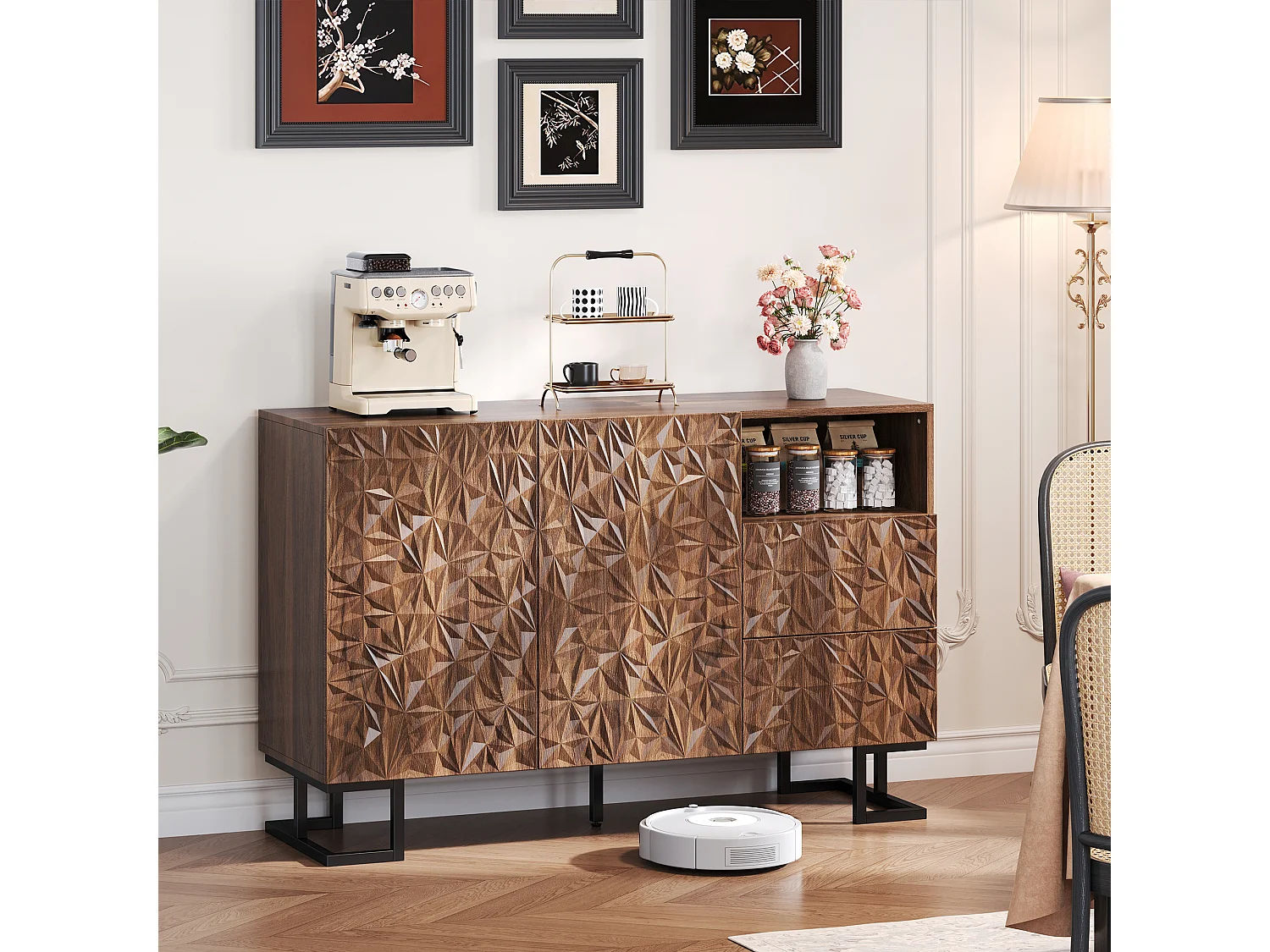 Opbergkast met 2 lades, 2 deuren en metalen poten, decoratieve ladekast in reliëf, voor de woonkamer