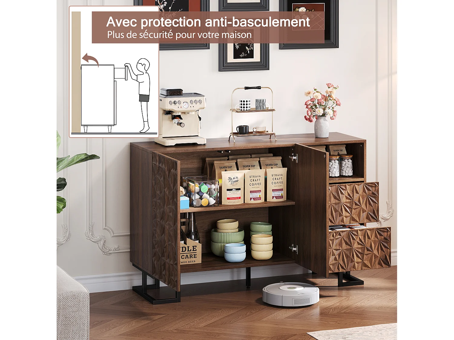 Opbergkast met 2 lades, 2 deuren en metalen poten, decoratieve ladekast in reliëf, voor de woonkamer