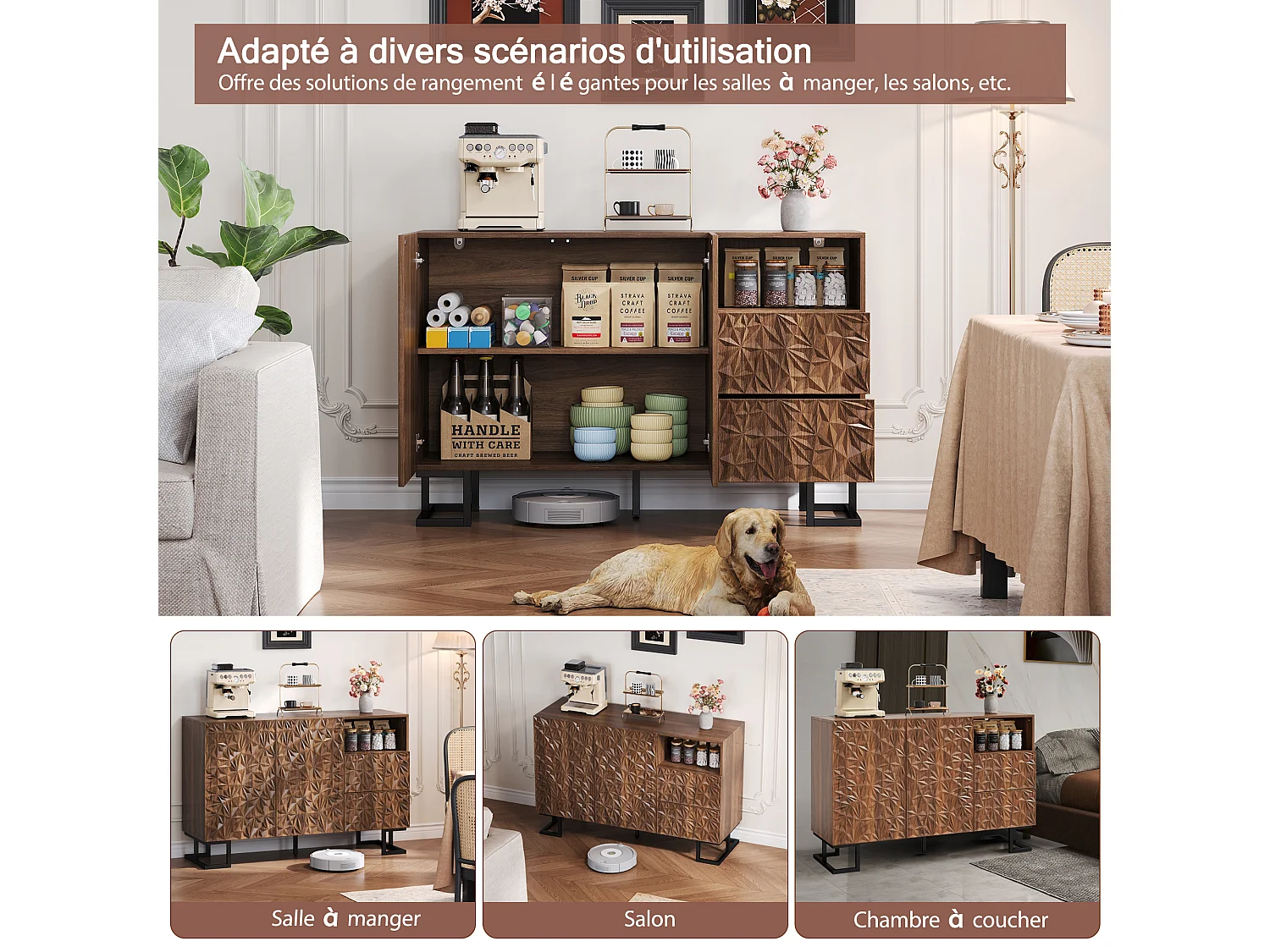 Opbergkast met 2 lades, 2 deuren en metalen poten, decoratieve ladekast in reliëf, voor de woonkamer