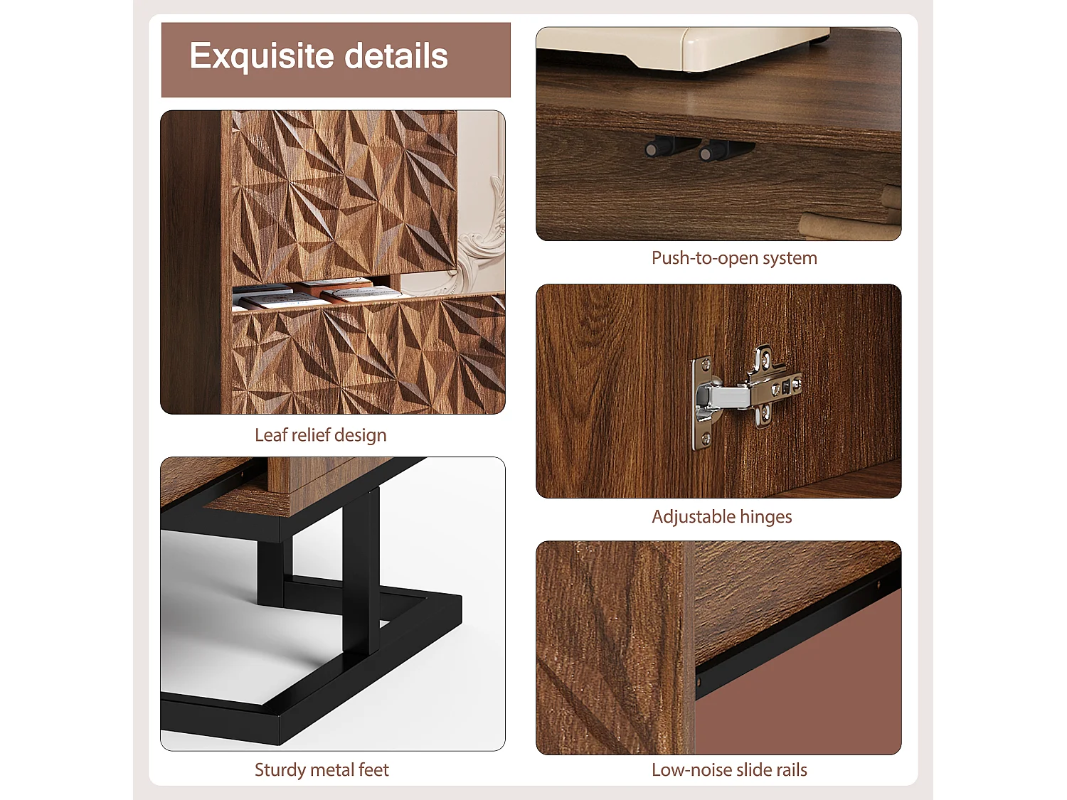 Opbergkast met 2 lades, 2 deuren en metalen poten, decoratieve ladekast in reliëf, voor de woonkamer