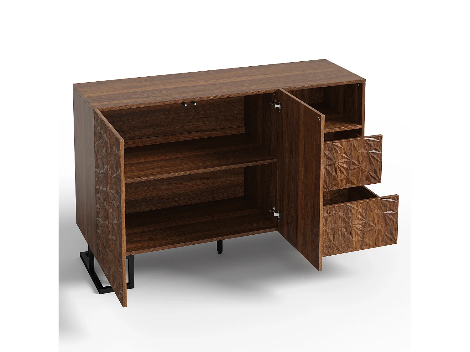 Opbergkast met 2 lades, 2 deuren en metalen poten, decoratieve ladekast in reliëf, voor de woonkamer