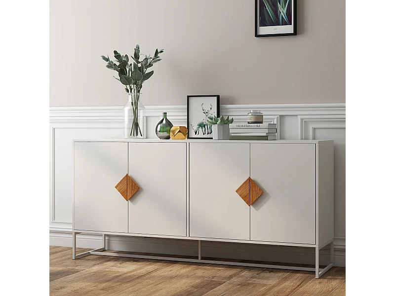 Buffet de rangement 4 portes avec boutons carrés en bois massif, buffet de cuisine, buffet TV