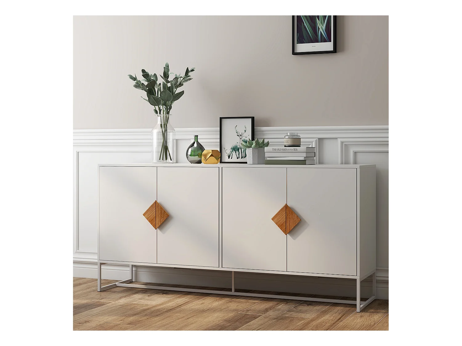 Buffet de rangement 4 portes avec boutons carrés en bois massif, buffet de cuisine, buffet TV