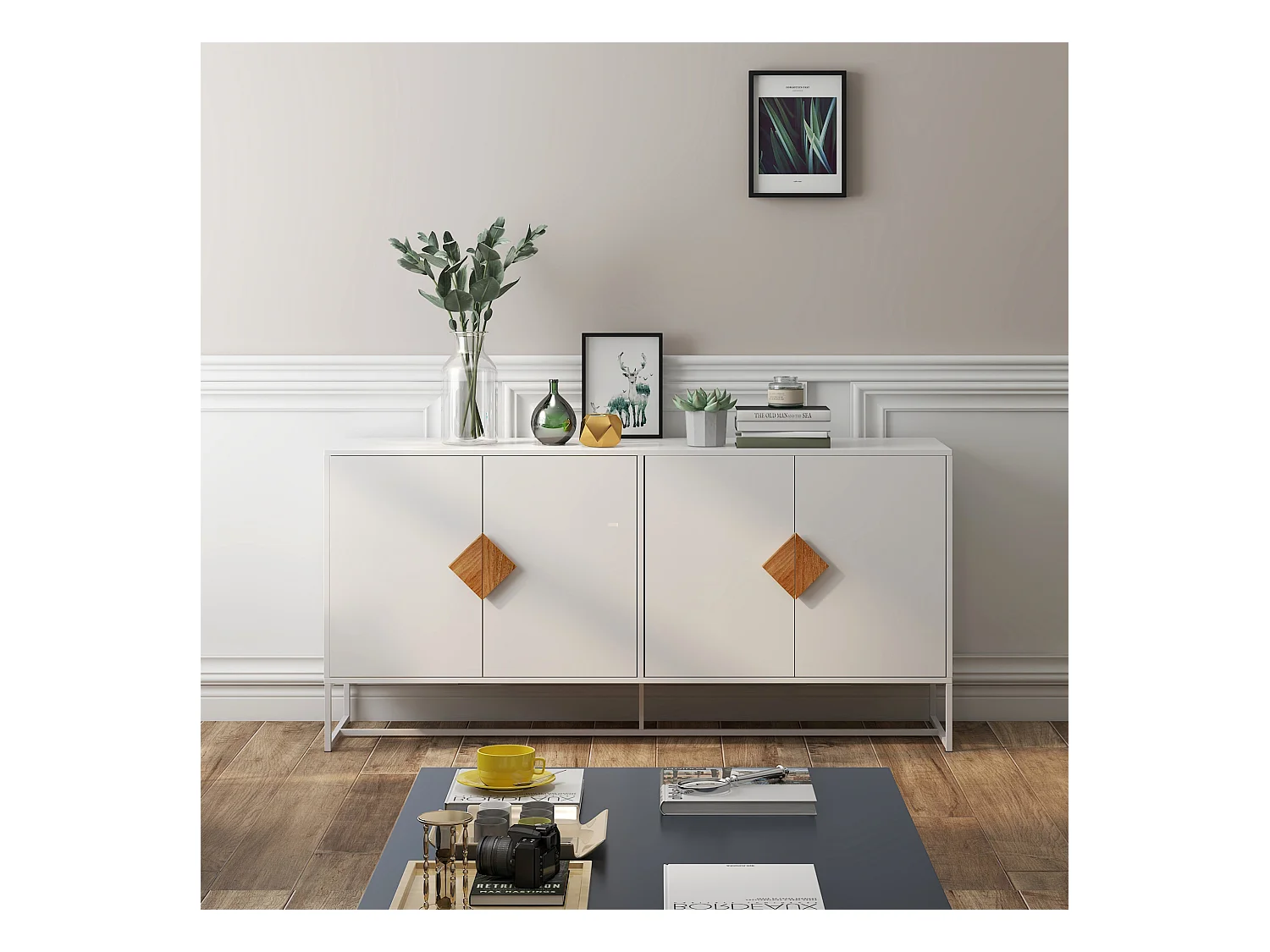 Buffet de rangement 4 portes avec boutons carrés en bois massif, buffet de cuisine, buffet TV