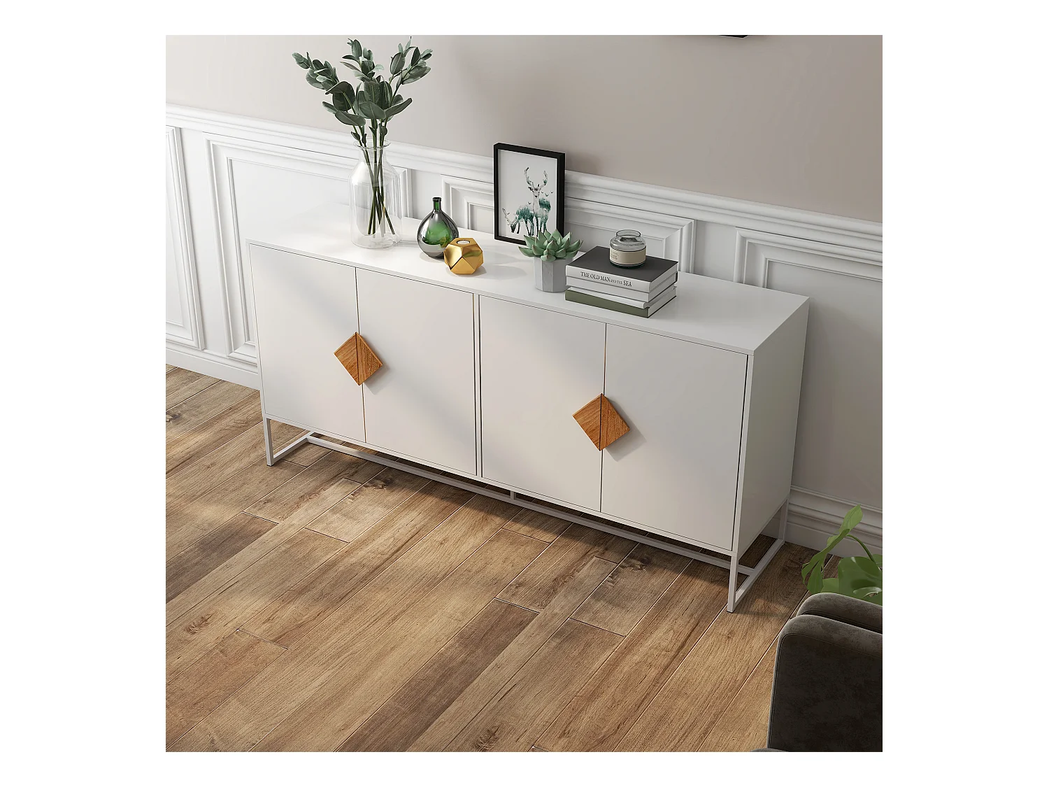 Buffet de rangement 4 portes avec boutons carrés en bois massif, buffet de cuisine, buffet TV