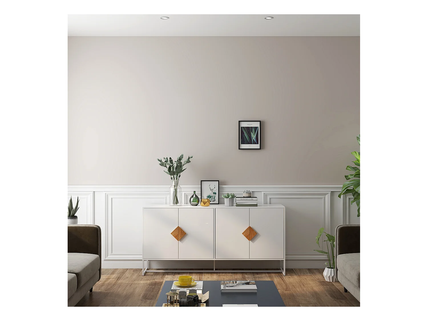 Buffet de rangement 4 portes avec boutons carrés en bois massif, buffet de cuisine, buffet TV