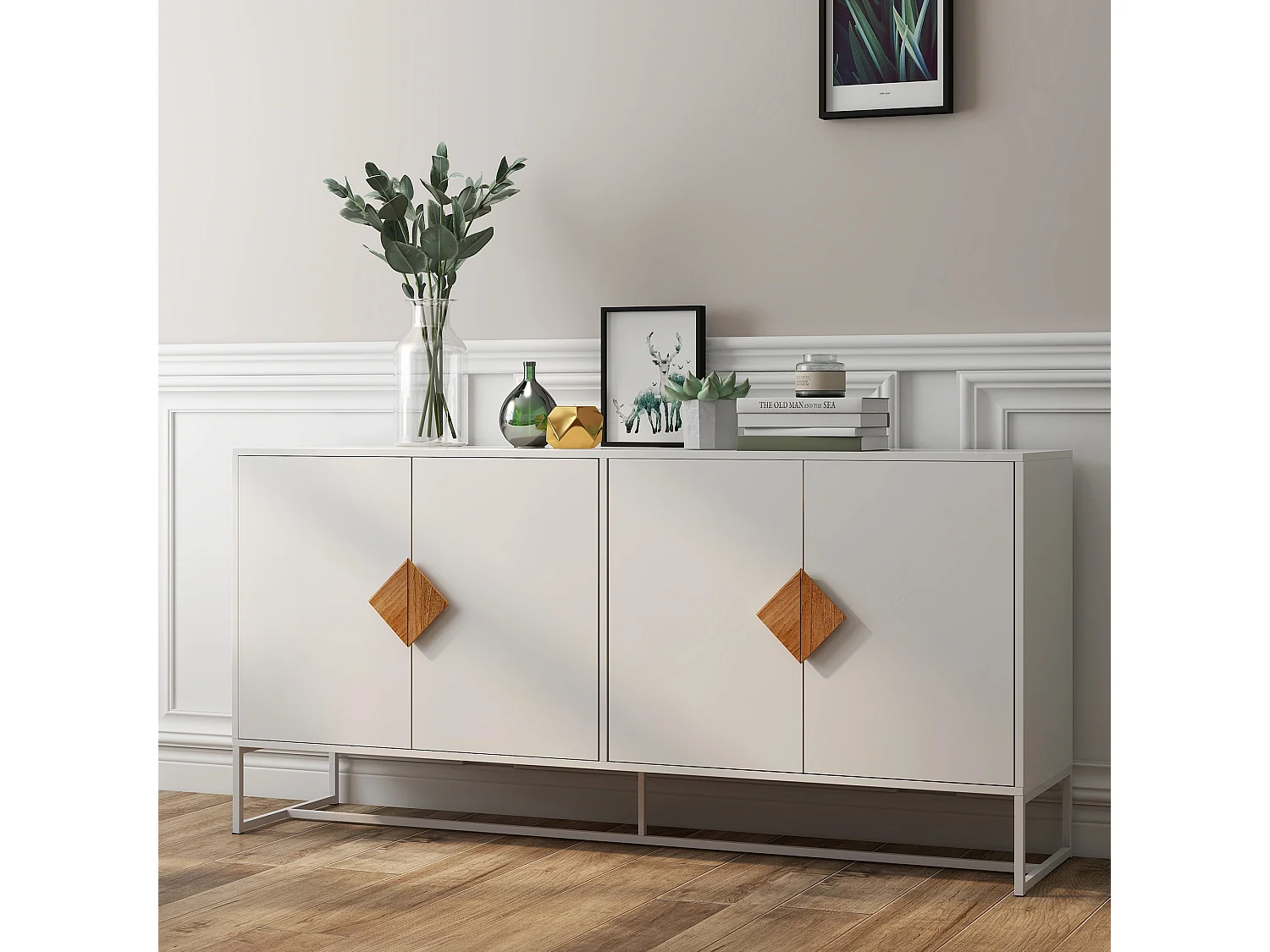 Buffet de rangement 4 portes avec boutons carrés en bois massif, buffet de cuisine, buffet TV