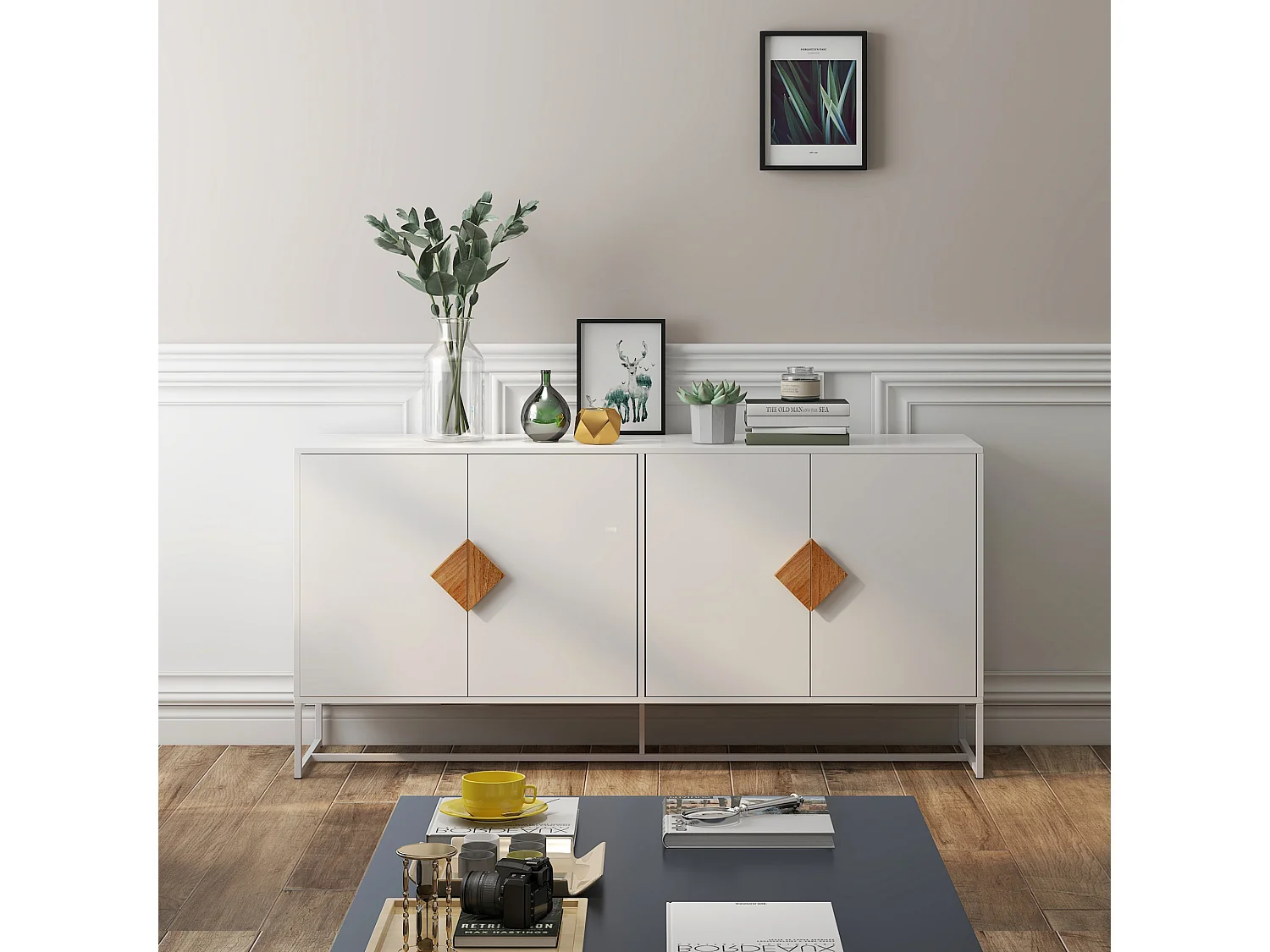 Buffet de rangement 4 portes avec boutons carrés en bois massif, buffet de cuisine, buffet TV