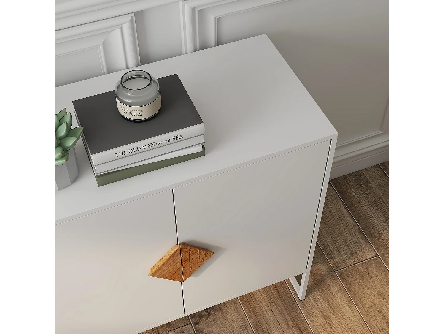 Buffet de rangement 4 portes avec boutons carrés en bois massif, buffet de cuisine, buffet TV