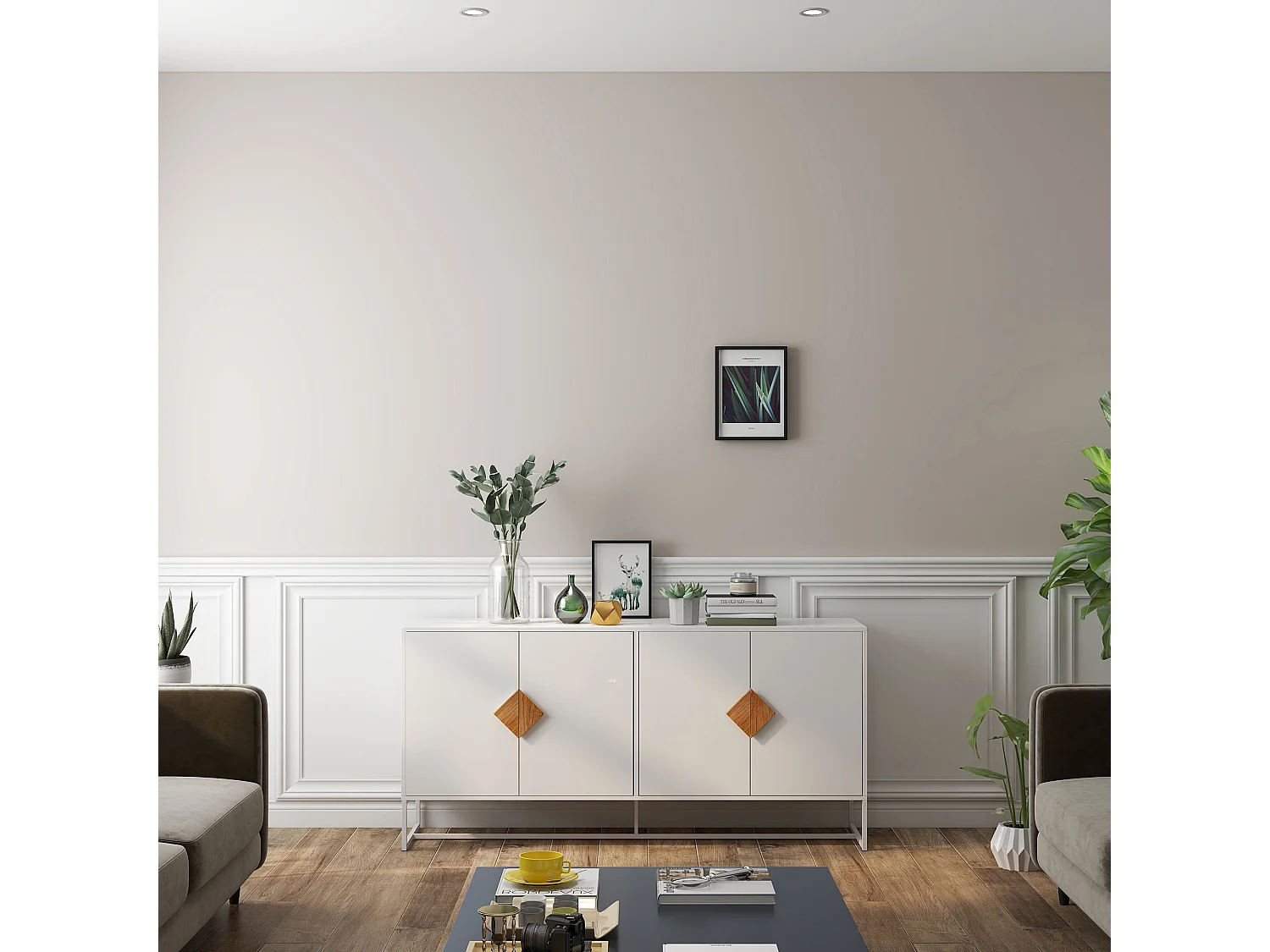 Buffet de rangement 4 portes avec boutons carrés en bois massif, buffet de cuisine, buffet TV